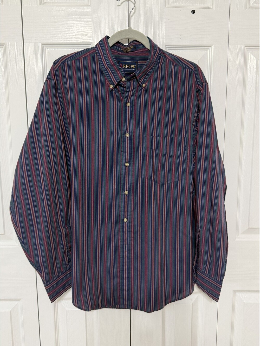 Arrow Shirt Mens L Blue Striped Long Sleeve Button Down Easy Care Casual Woven